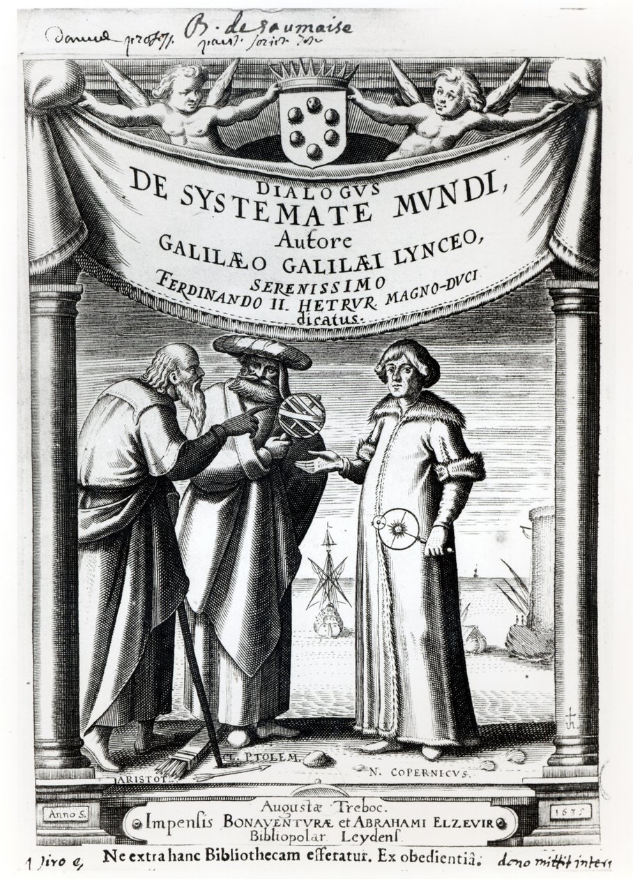 Frontispice av Dialogus De Systemate Mundi av Galileo (1564-1642), publicerad i Leyden 1635 av Dutch School