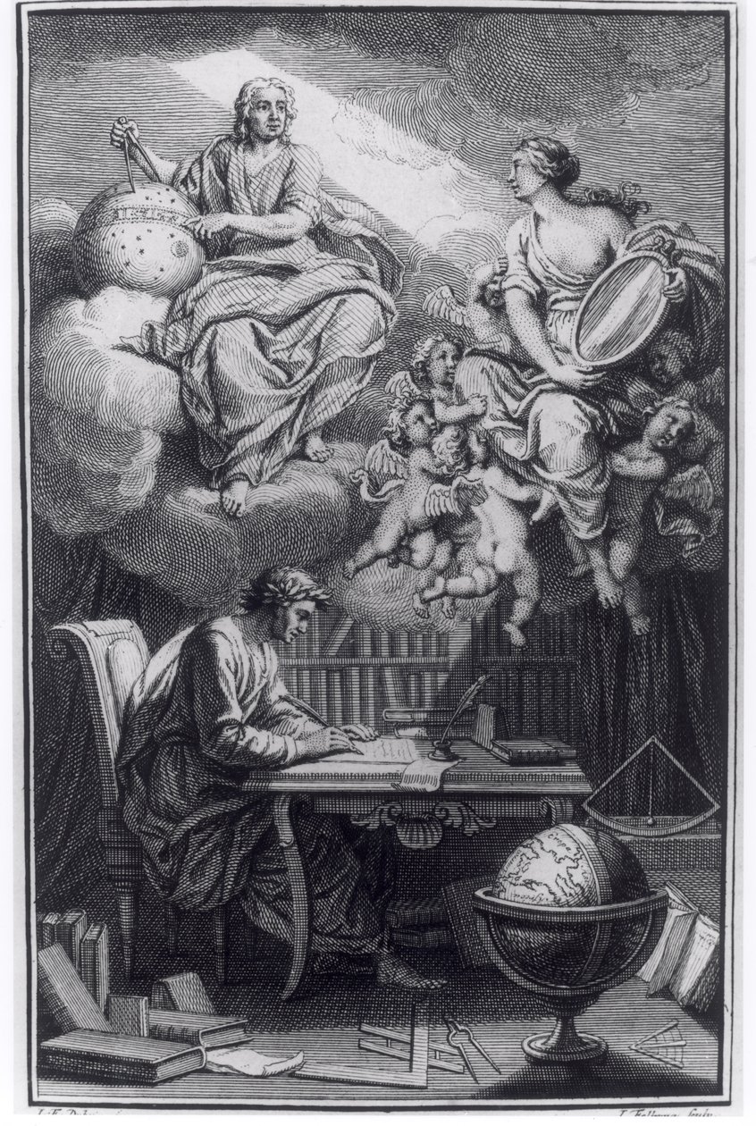 Frontispice of Elemens de la Philosophie de Neuton av Voltaire (1694-1778) publicerad i Amsterdam, 1738 av Dutch School