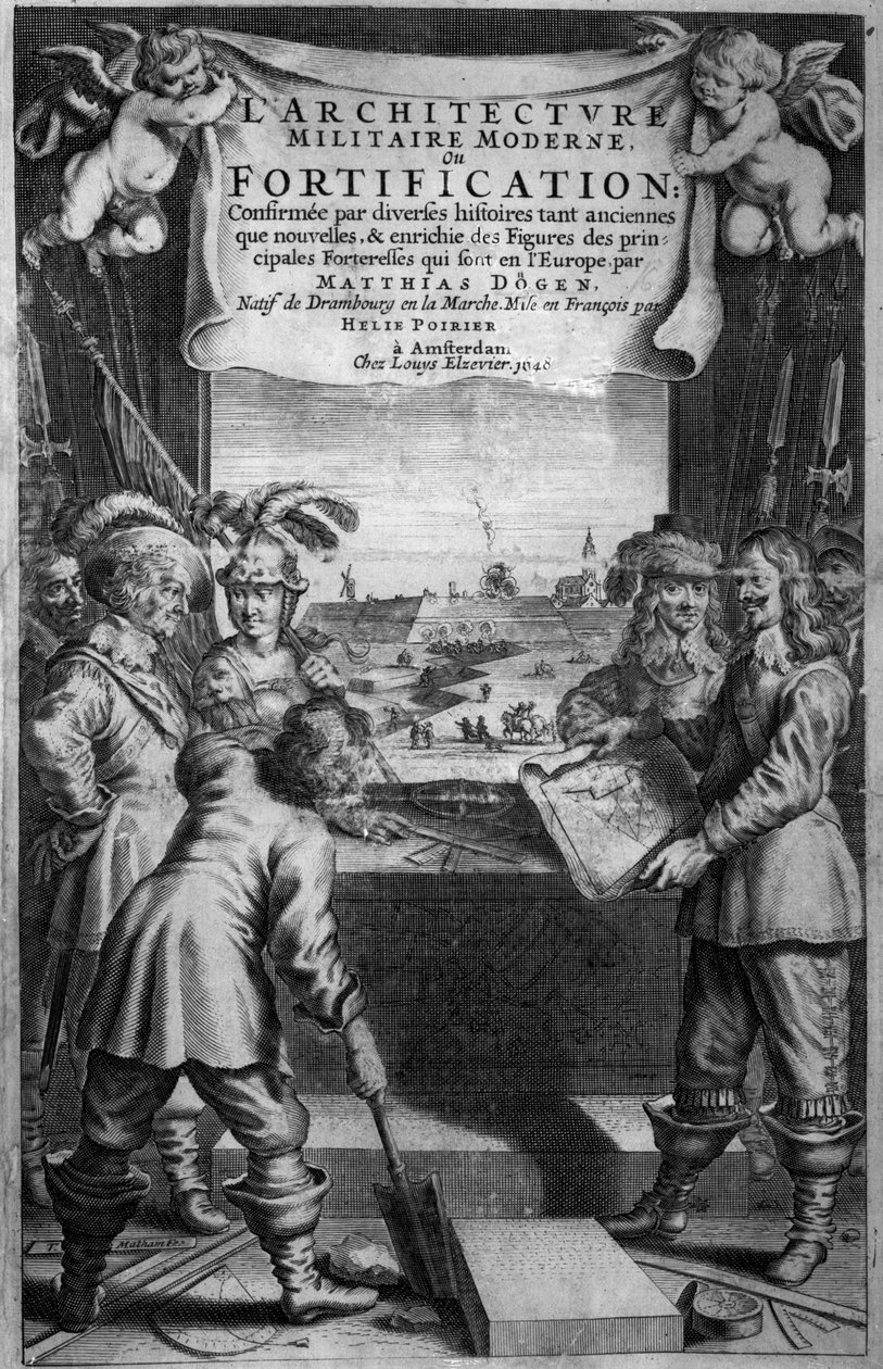 Frontispice till LArchitecture Militaire Moderne, ou Fortification av Matthias Dogen, graverad av Theodor Matham (ca 1606-76), pub. av Chez Louis Elzevier, Amsterdam, 1648 av Dutch School