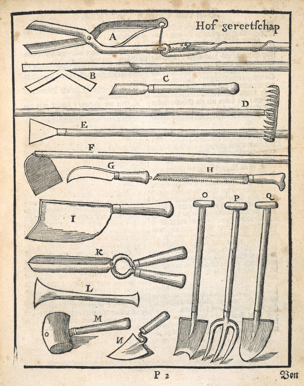 Trädgårdsredskap, från The Dutch Gardener av Johann van der Groen, publicerad 1699 av Dutch School