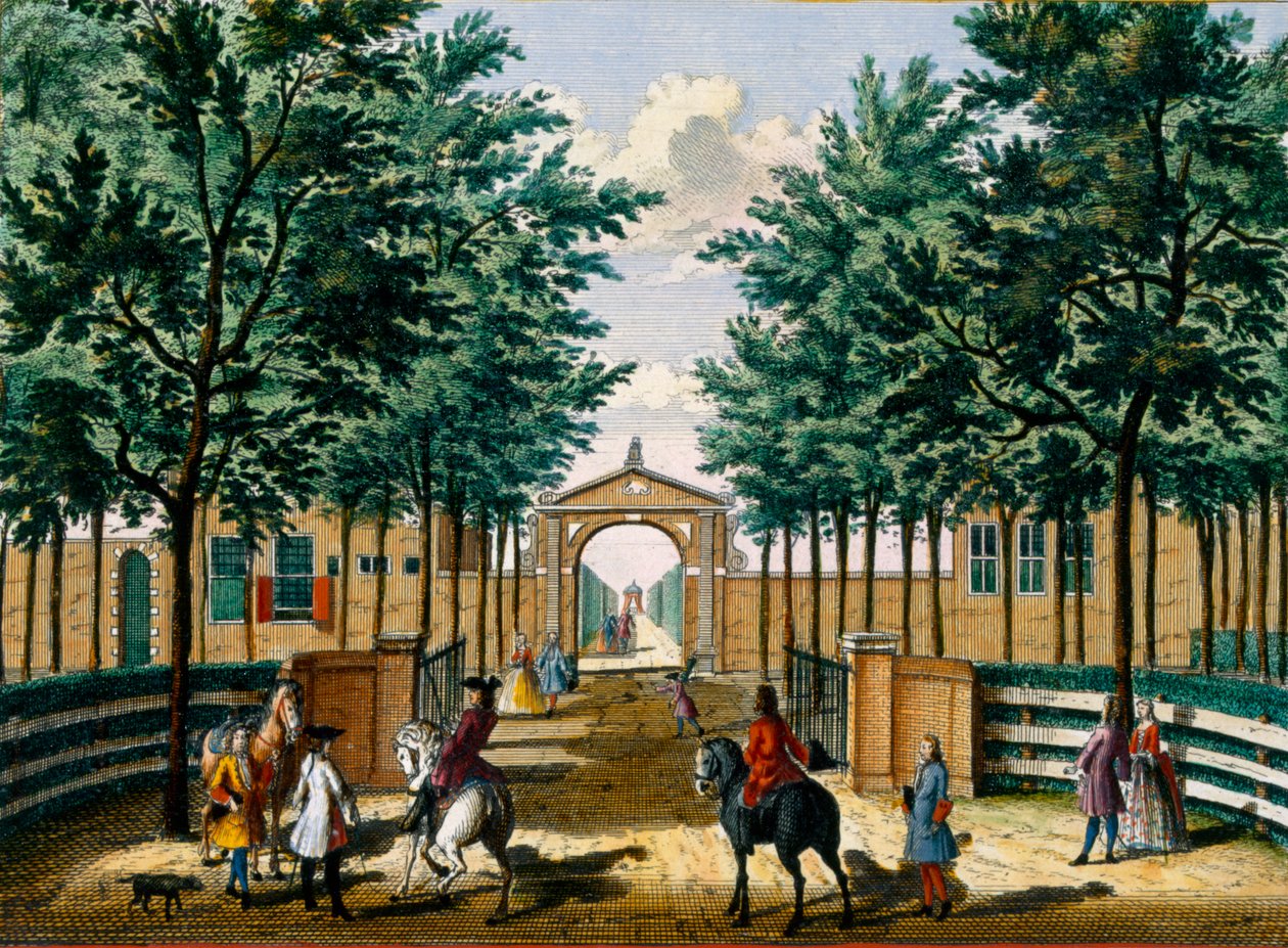 Trädgårdarna i Francois van Haringkaspels lustpalats, från Het Zeganpralent Kennemerlant av Hendrick de Leth och Matthias Brouerius Van Nidek, publicerad ca 1700-1730 av Dutch School