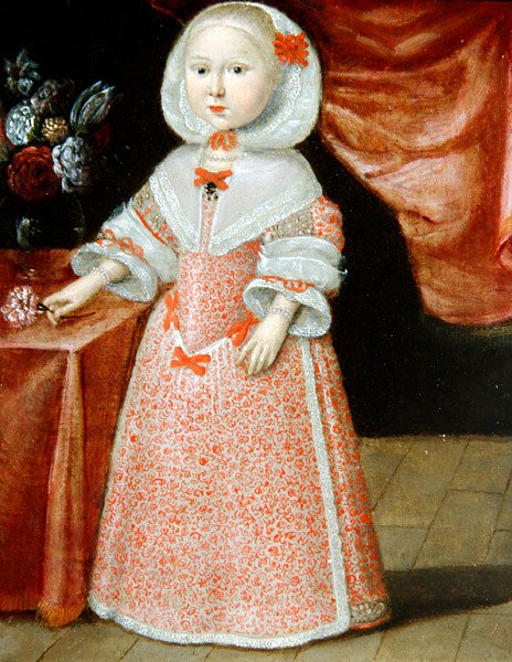Flicka som håller en rosa och vit blomma, ca 1640 (olja på koppar) av Dutch School