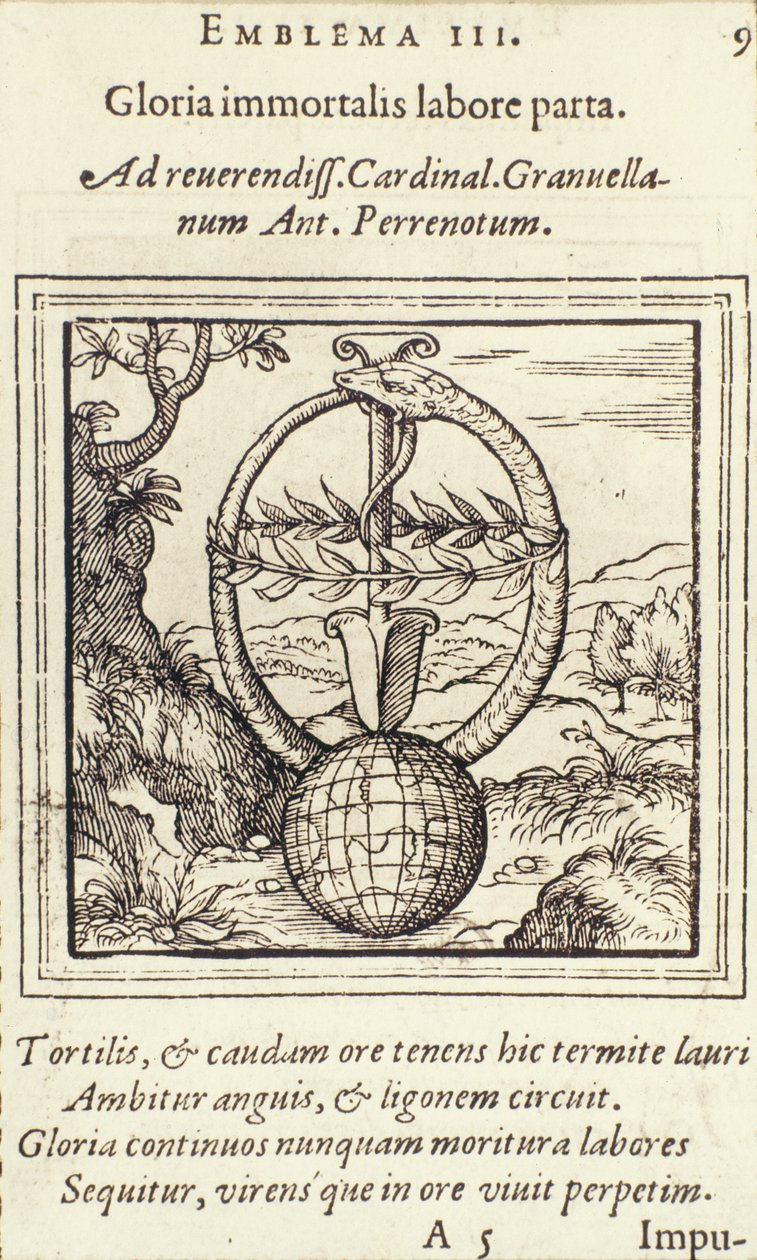 Det odödliga arbetets ära vann, illustration från Emblemata av Adrianus Junius, utgiven av Christophe Plantin, Anvers, 1565 av Dutch School