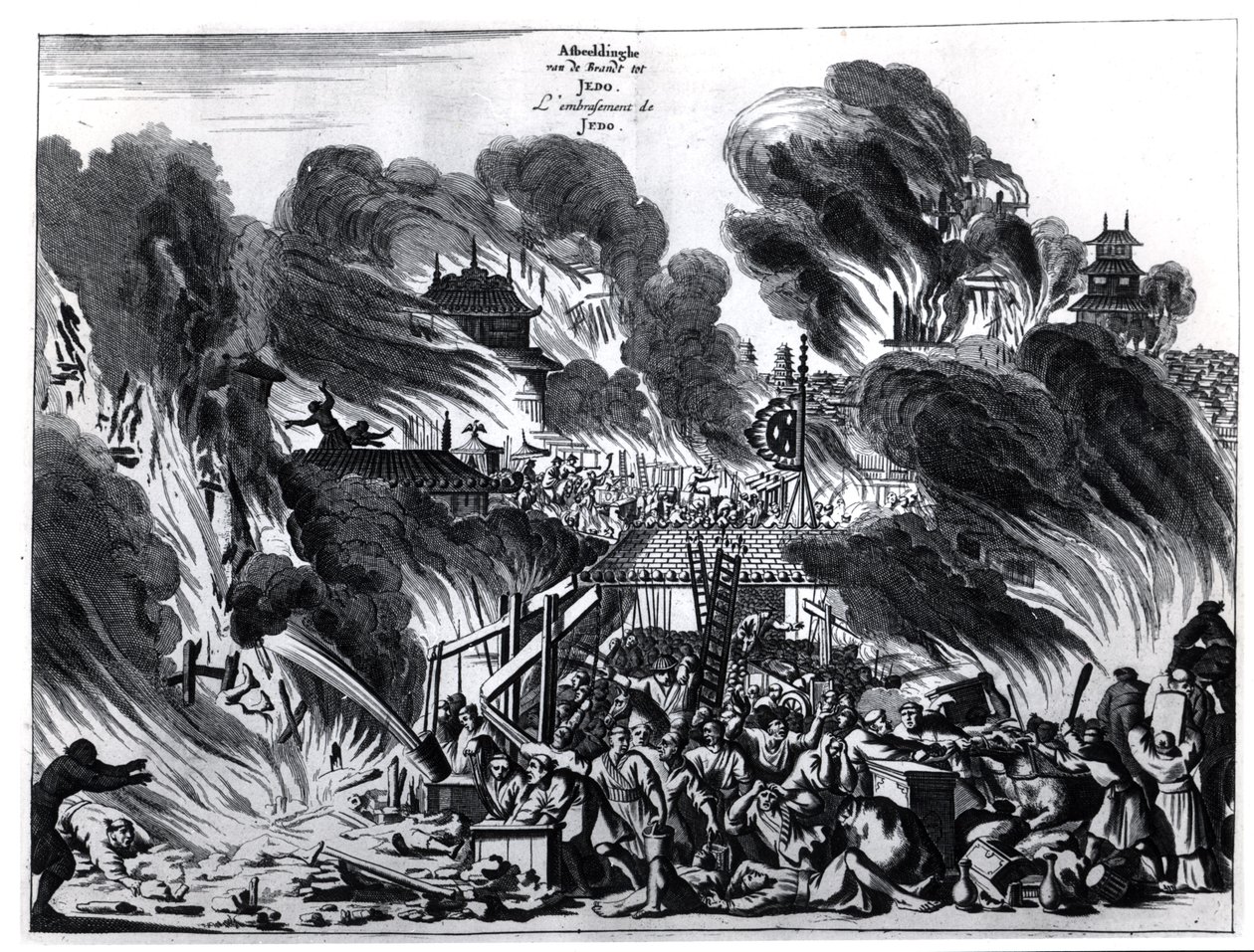 Den stora elden i Yedo (Tokyo) på 1600-talet, illustration från Arnold Montanus berättelse om ambassader skickade av Holländska Ostindiska kompaniet till kejsaren av Japan, publicerad i Amsterdam 1680 av Dutch School