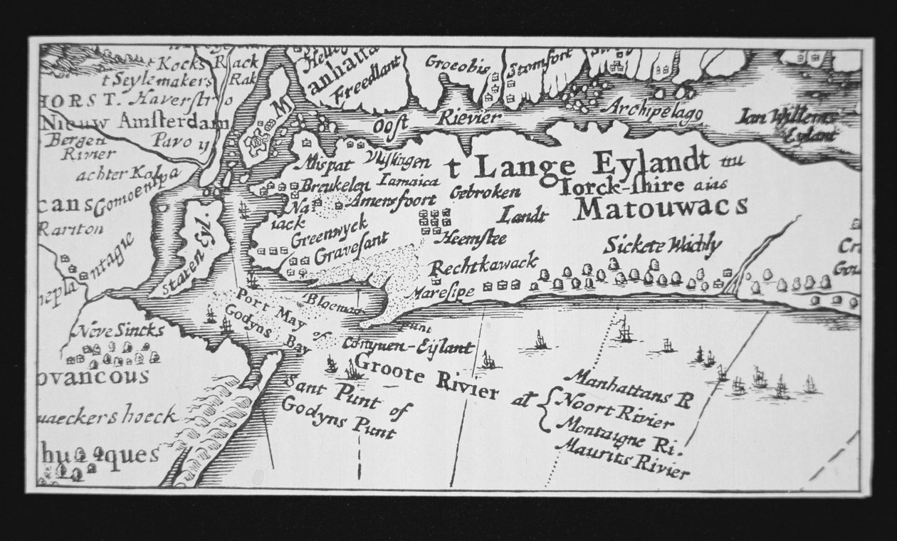 New Yorks historia: holländsk karta som visar återerövringen av Manhattan av Dutch School