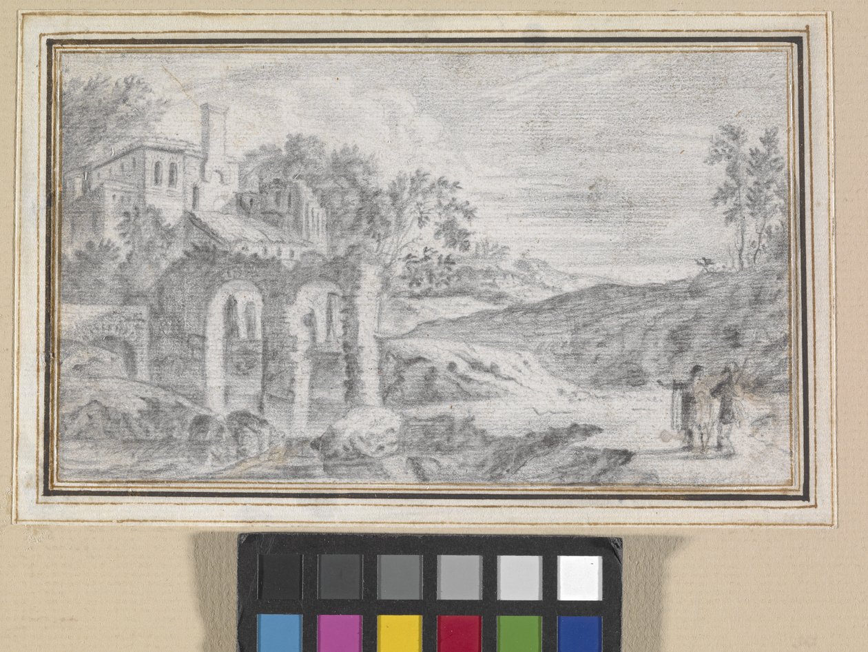 Italienskt landskap med ruiner (svart krita på benvitt papper) av Dutch School