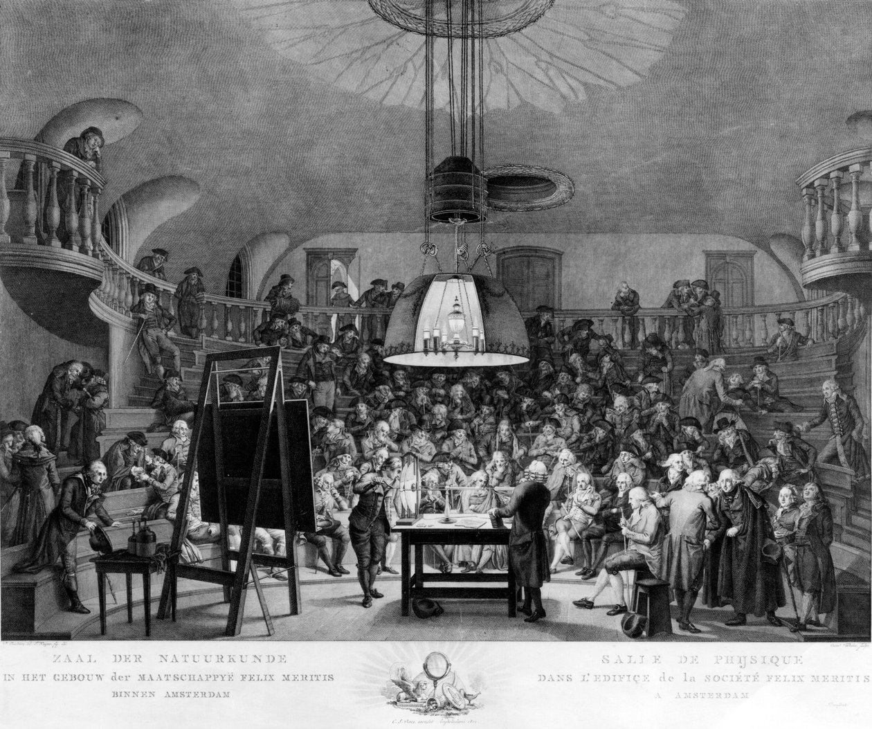 J. H. van Swinden, demonstrerar generering av elektricitet för Felix Meritis Society, Amsterdam, ca 1800 av Dutch School