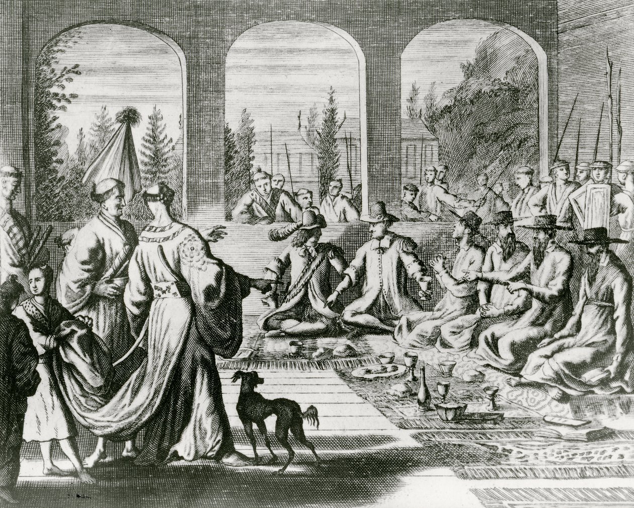 Jesuiter med holländska och portugisiska köpmän vid det japanska hovet, ca 1670 (gravyr) av Dutch School