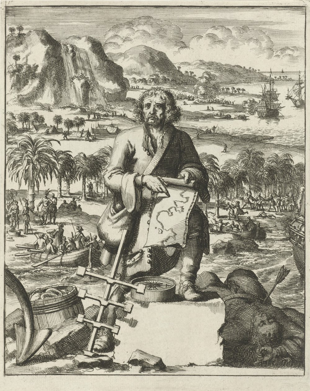Louis Hennepin landstiger i Nordamerika, pub. 1688 (gravyr) av Dutch School