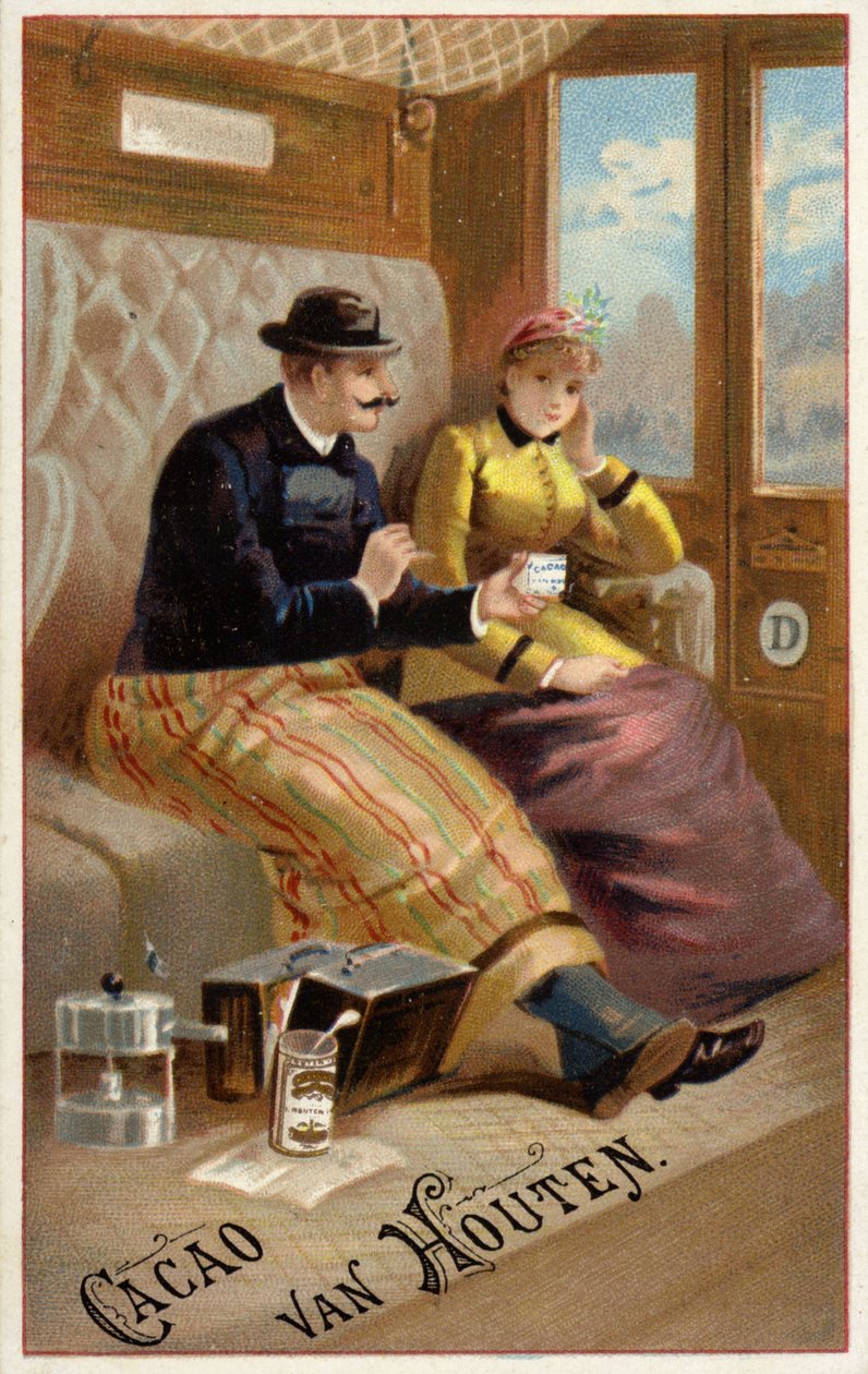 Man erbjuder choklad till kvinna på tåg (chromolitho) av Dutch School