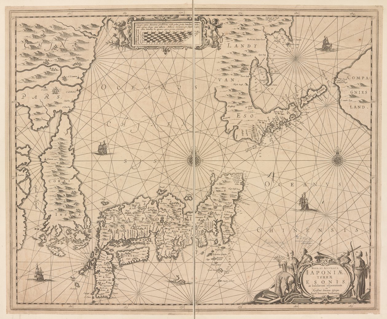 Karta över Japan, en ny och exakt beskrivning av Japan, landet Eson och de närliggande öarna från Snowy Discovery av Dutch School