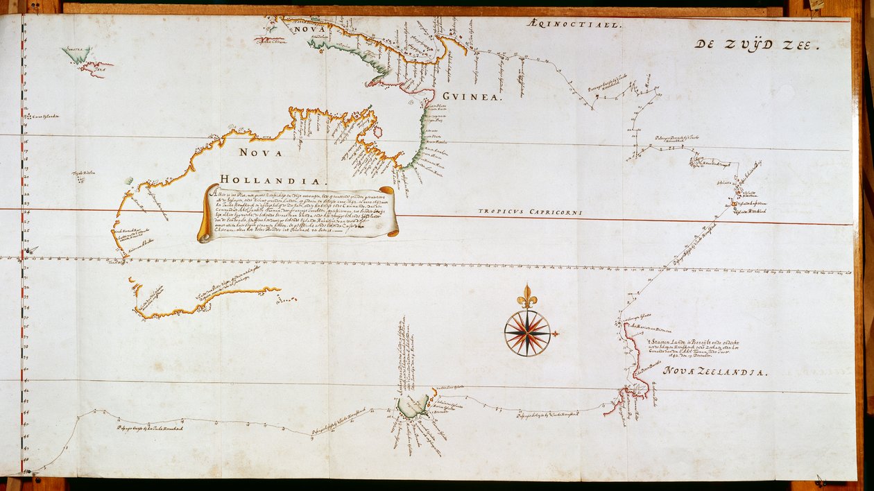 Karta över New Holland, nu Australien, och över Nya Zeeland, hämtad från information som samlats in under resor som genomförts av Abel Janszoon Tasman