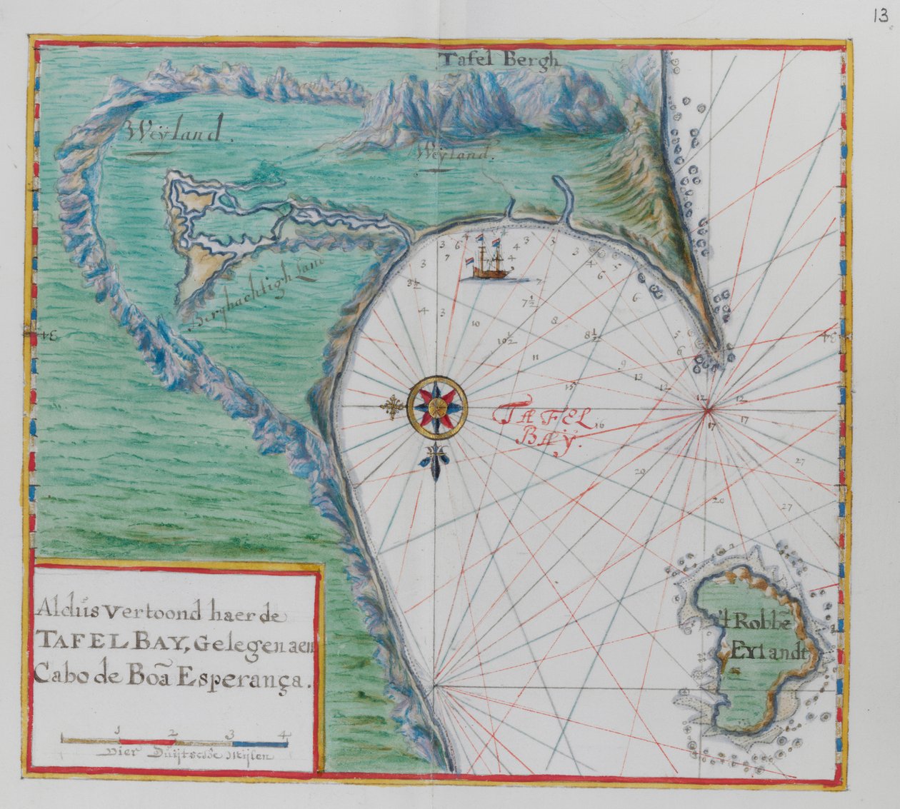 Karta över Godahoppsudden. Table Bay, Sydafrika. av Dutch School