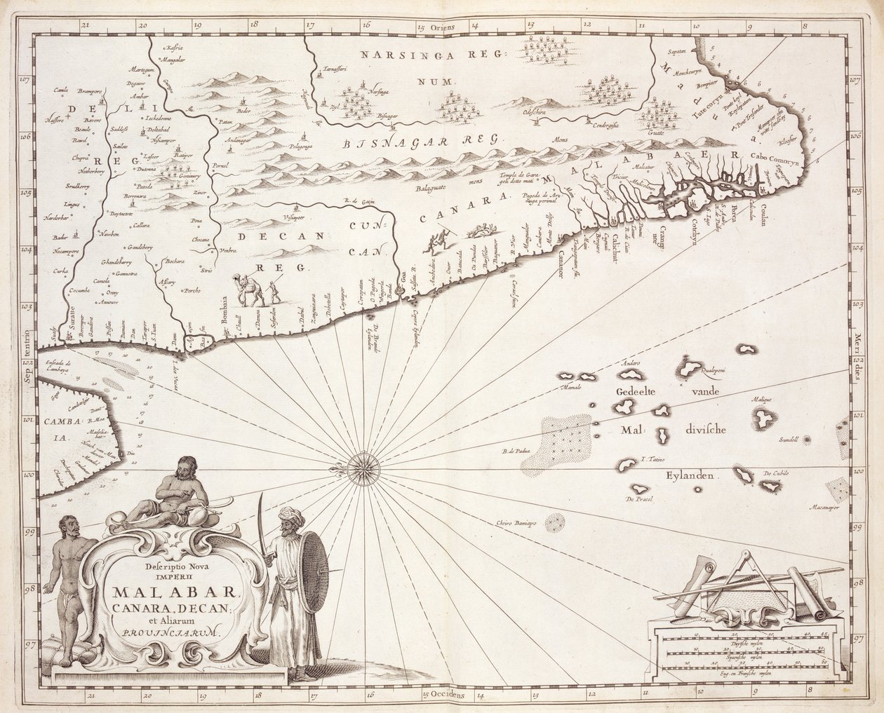 Karta över Malabars kust, Ostindien, 1672 av Dutch School