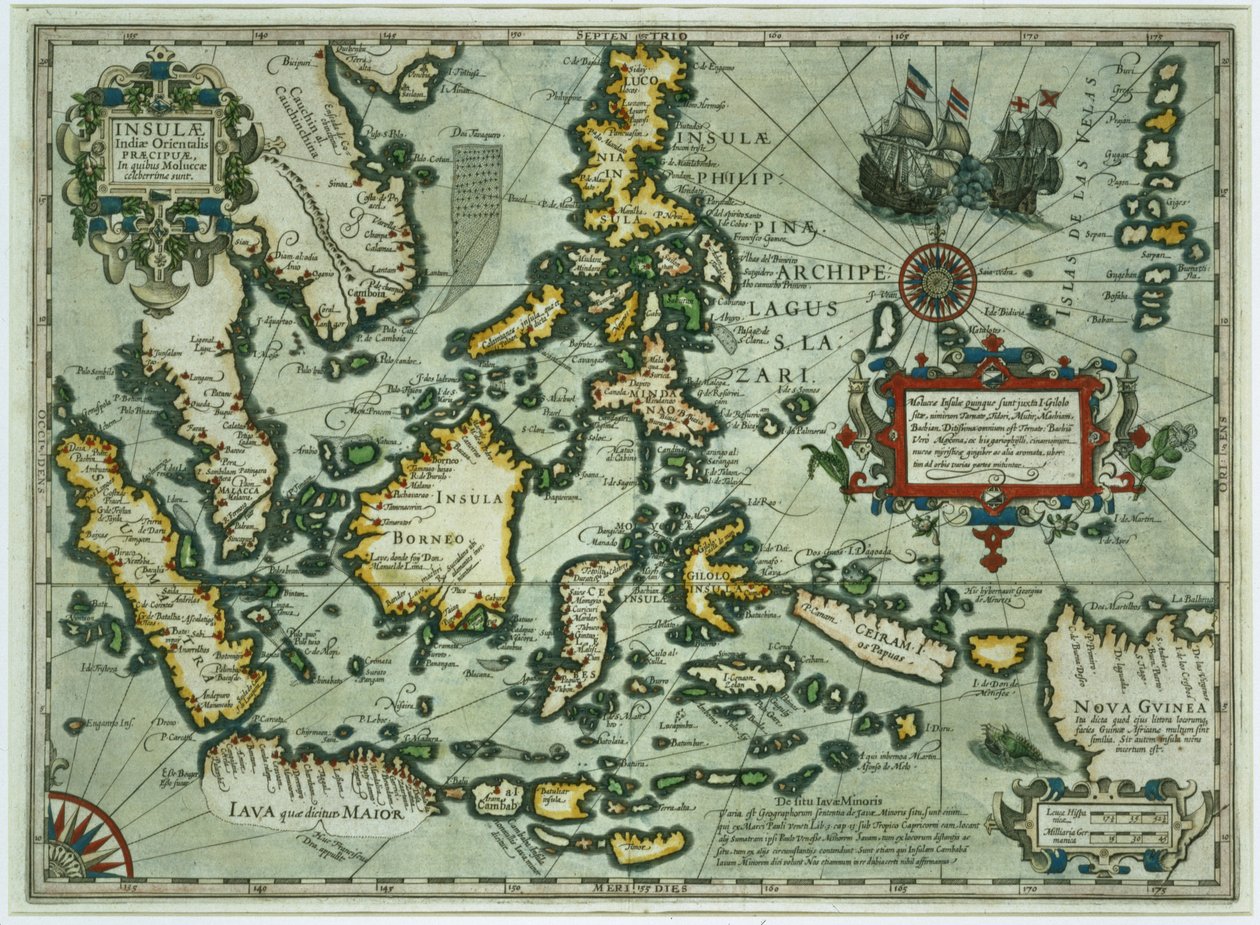 Karta över Ostindien, pub. 1635 i Amsterdam (handfärgad gravyr) av Dutch School