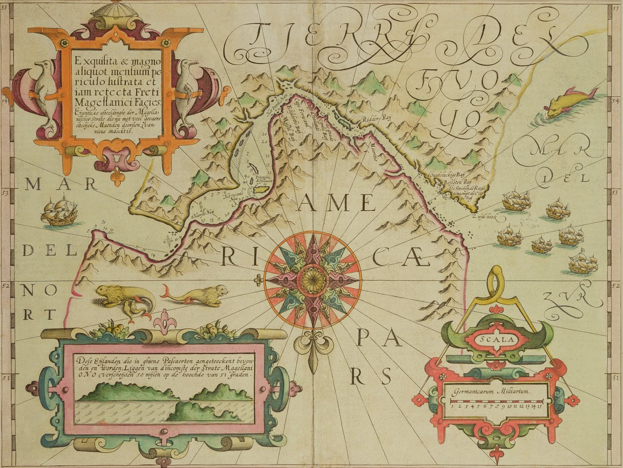 Karta över Magellansundet, Patagonien, från puben Mercator Atlas. av Jodocus Hondius (1563-1612) Amsterdam, 1606 av Dutch School