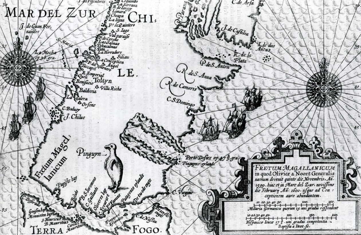 Karta över Magellansundet, skylt från Oliver van Noorts beskrivning av hans resa, 1602 av Dutch School