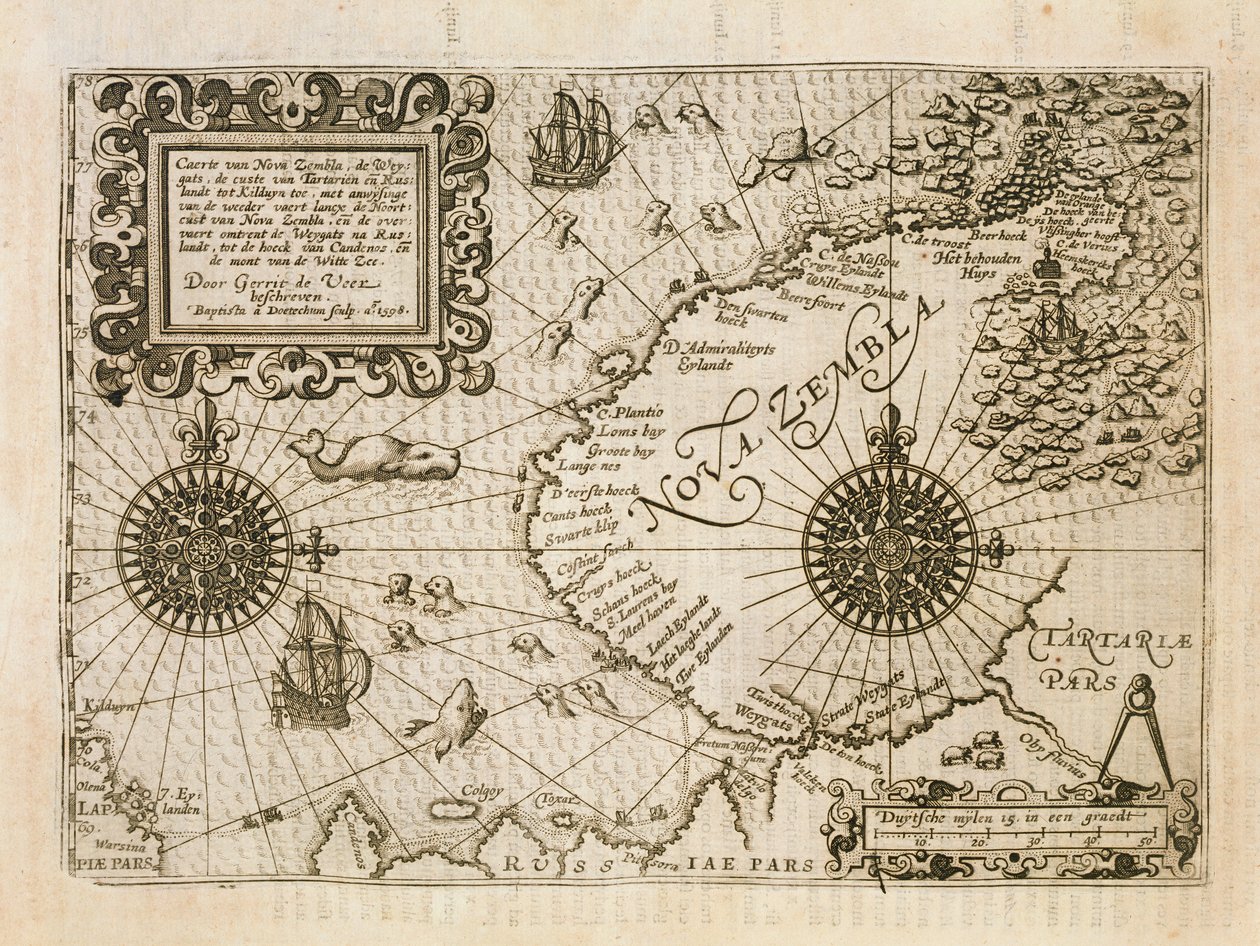 Karta över den nyupptäckta Nova Zembla, illustration från Diarium Nauticum, eller den sanna beskrivningen av tre beundransvärda resor... av Dutch School
