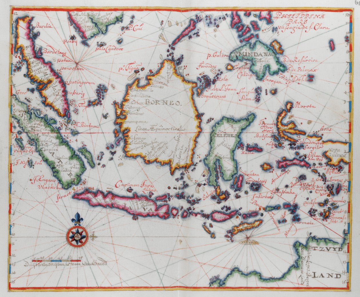 Karta som visar Borneo, Clebes (Sulawesi), Java och andra indonesiska öar. av Dutch School