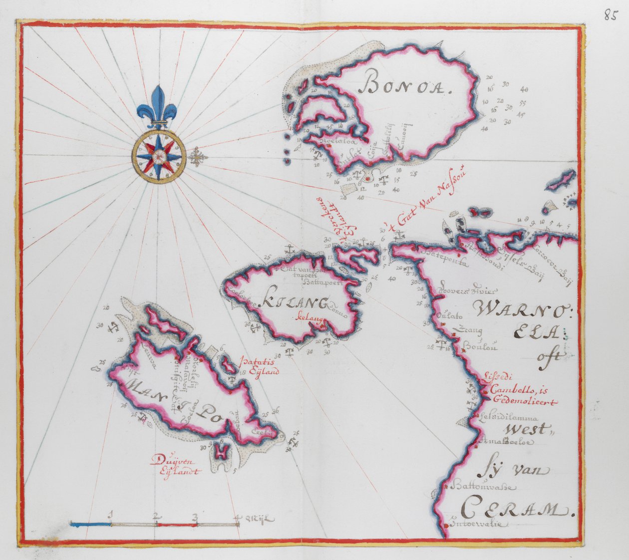 Karta som visar en del av ön Ceram (Seram) och Bonoa (Boano Island) och Kelang Island och Manipa Island. av Dutch School