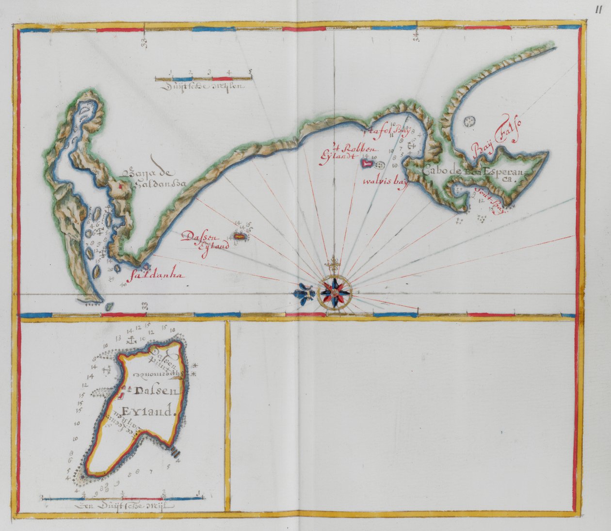 Kartor som visar Dassen Island, en sydafrikansk ö, och kusten mittemot. av Dutch School