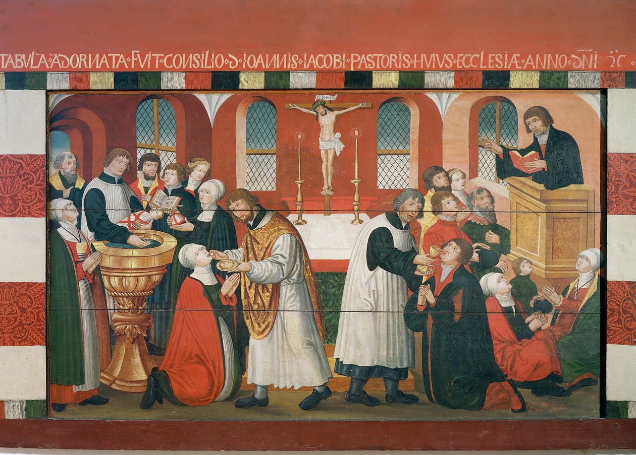 Martin Luther predikar, detalj från Torslundekyrkans altartavla av Dutch School