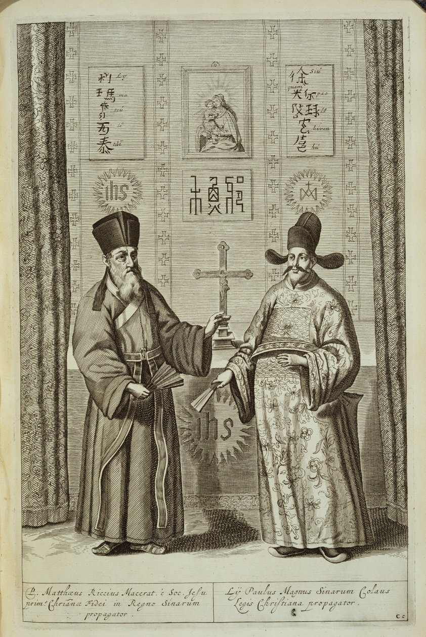 Matteo Ricci (1552-1610) och Paulus Li, från Kina Illustrerad av Athanasius Kircher (1601-80) 1667 av Dutch School