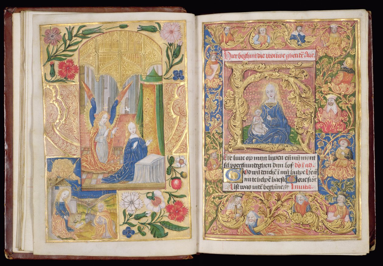 Ms 144, ff.13v-14r: The Annunciation and Virgin and Child, miniatyrer från en timbok, Use of Utrecht, c.1500-20 (bladguld och guld & färgade bläck på pergament) av Dutch School