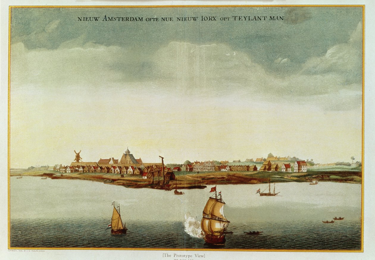 New Amsterdam, c.1650-53 (The Prototype View) använd för frontispicen till Stokes Iconography, vol. 1, 1915 (färgat tryck) av Dutch School