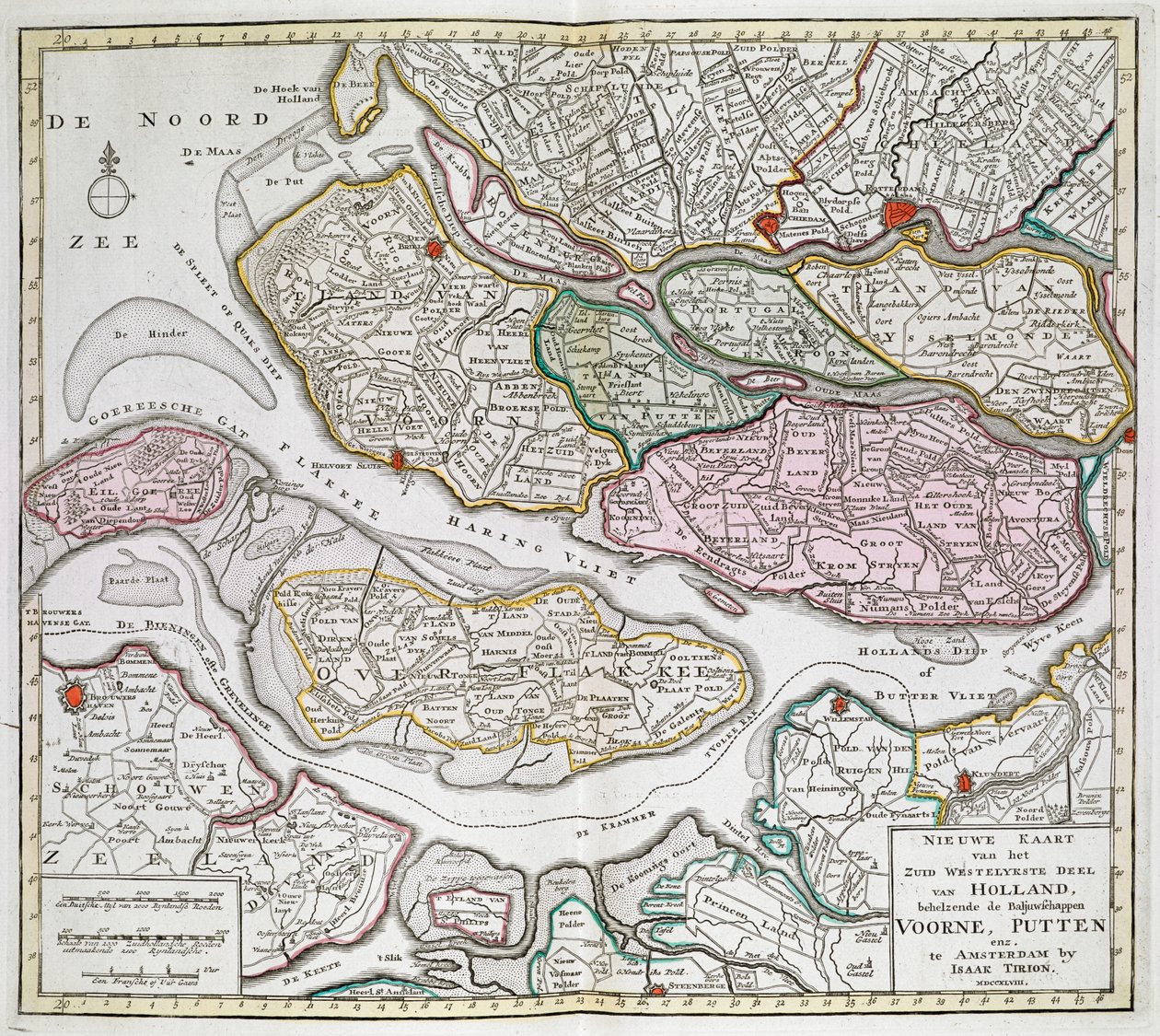 Ny karta över den sydvästra delen av Holland, som omfattar borgen i Voorne, Putten, etc. [Trettiosex kartor över Nederländerna]Isaak Tirion Mellan 1739 och 1757. av Dutch School
