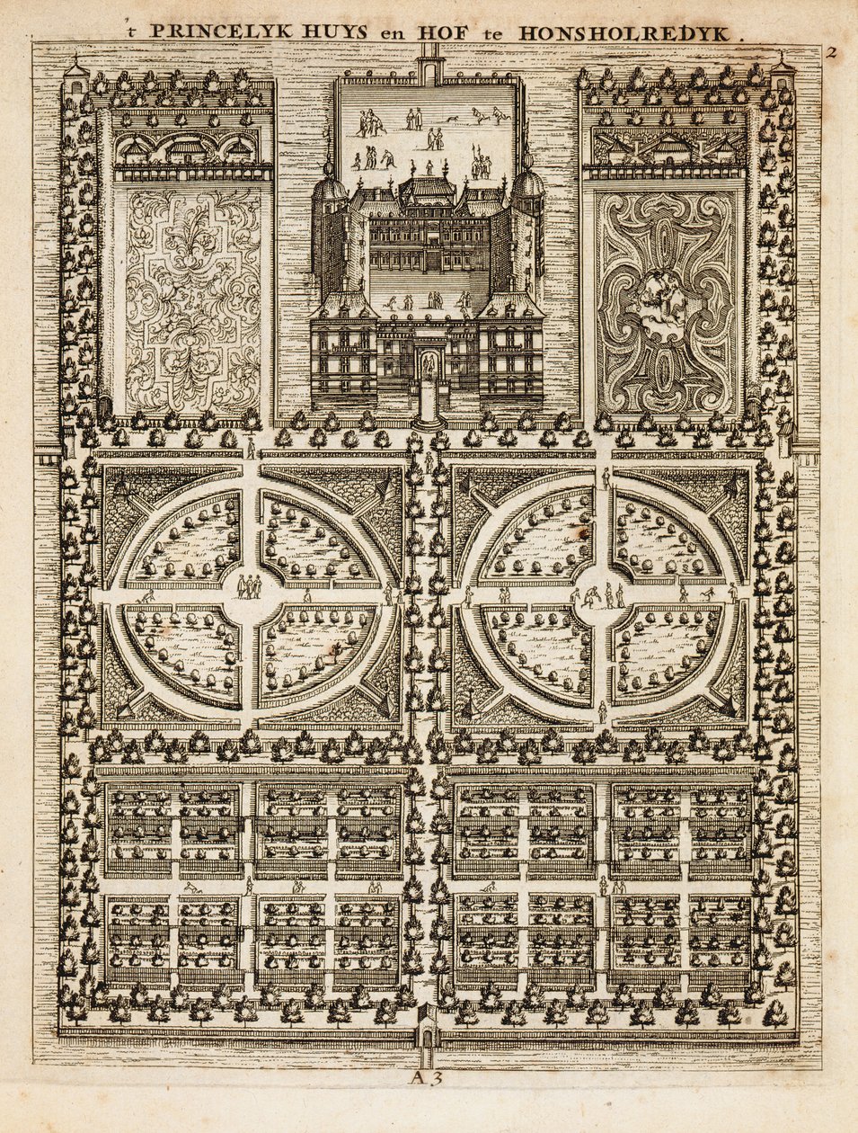 Palace of Honsholredyk, från The Dutch Gardener av Johann van der Groen, publicerad 1699 av Dutch School