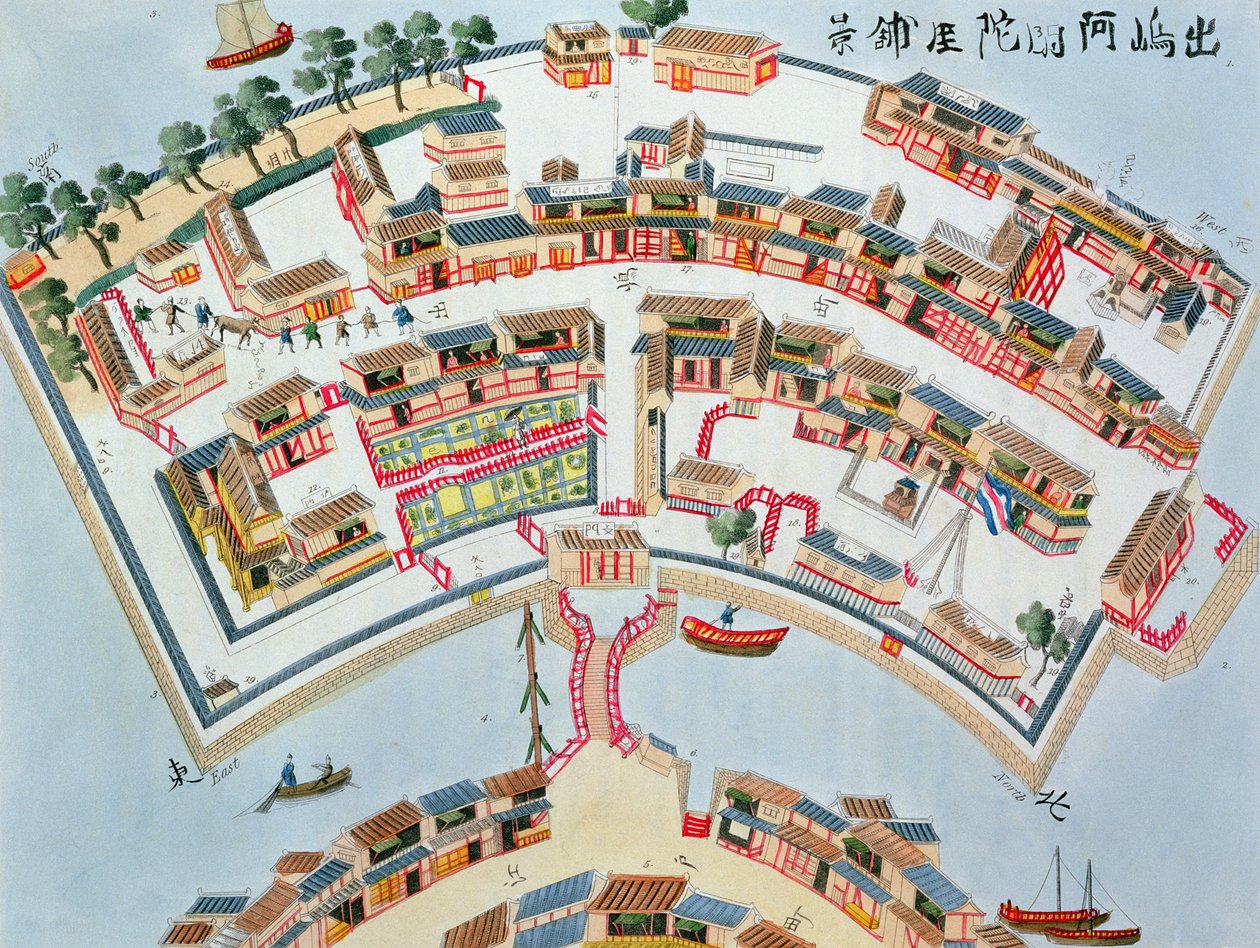 Plan över den holländska fabriken på ön Desima i Nangasaki, från Illustrations of Japan av Isaac Titsingh (ca 1740-1812), publicerad London, 1822 av Dutch School