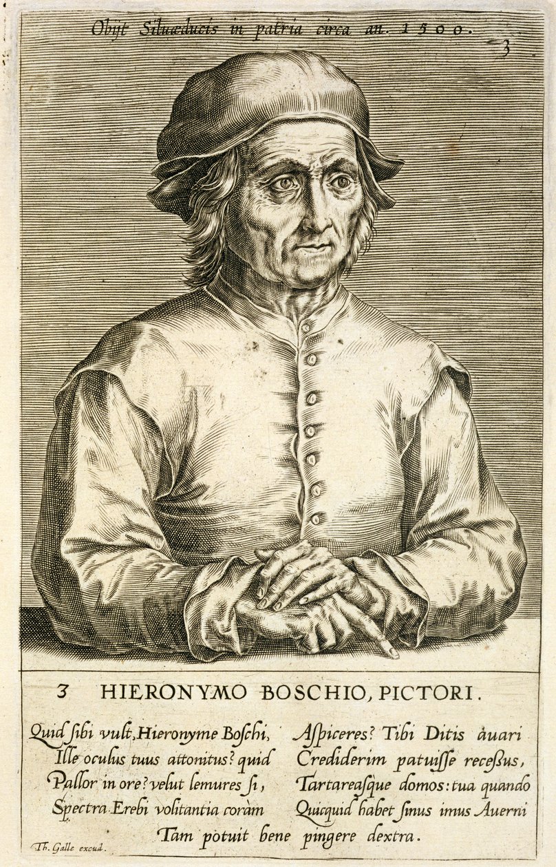 Porträtt av Hieronymus Bosch (ca 1450-1516) skylt 3 i en serie porträtt av konstnärer, graverad av Theodor Galle (1571-1633) av Dutch School