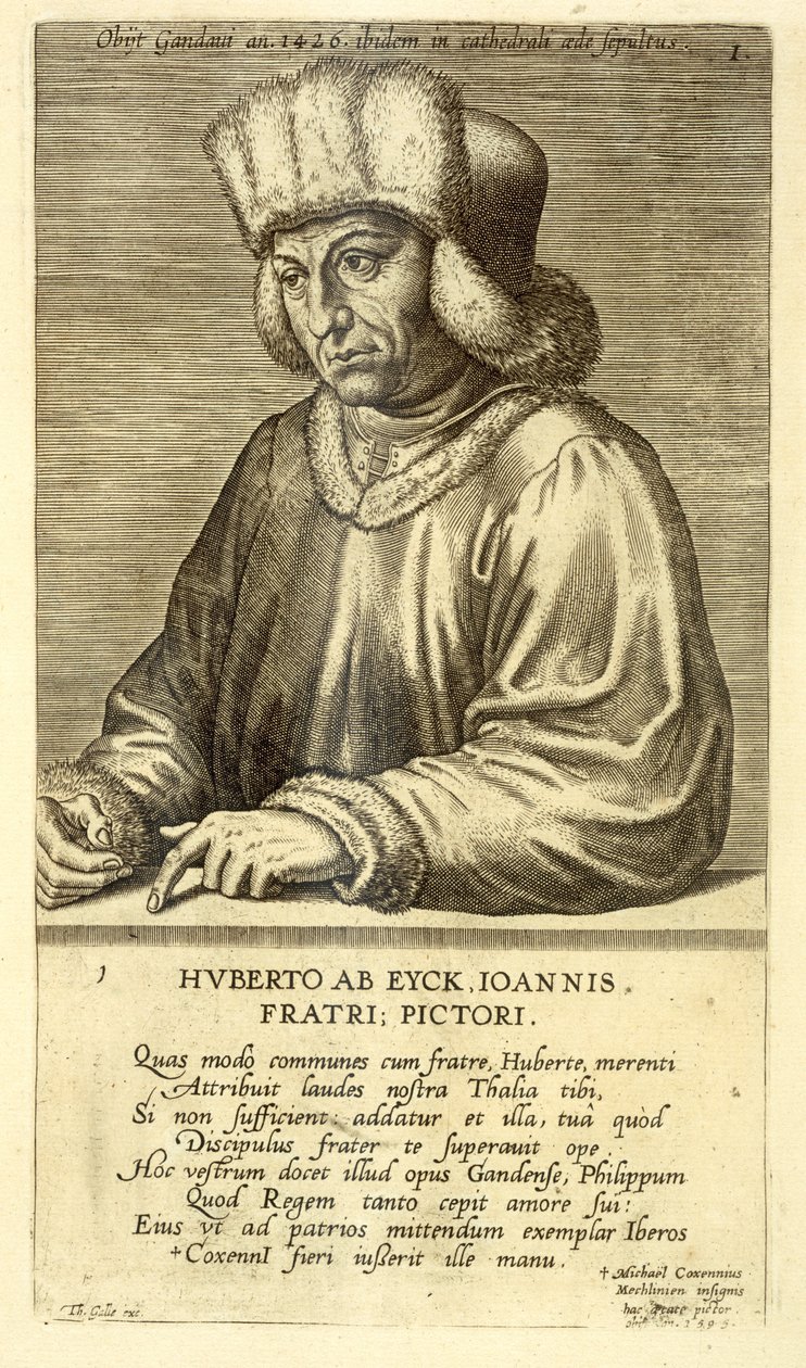 Porträtt av Hubert van Eyck (1366-1426) skylt 1 från en serie porträtt av konstnärer, graverad av Theodor Galle (1571-1633) av Dutch School