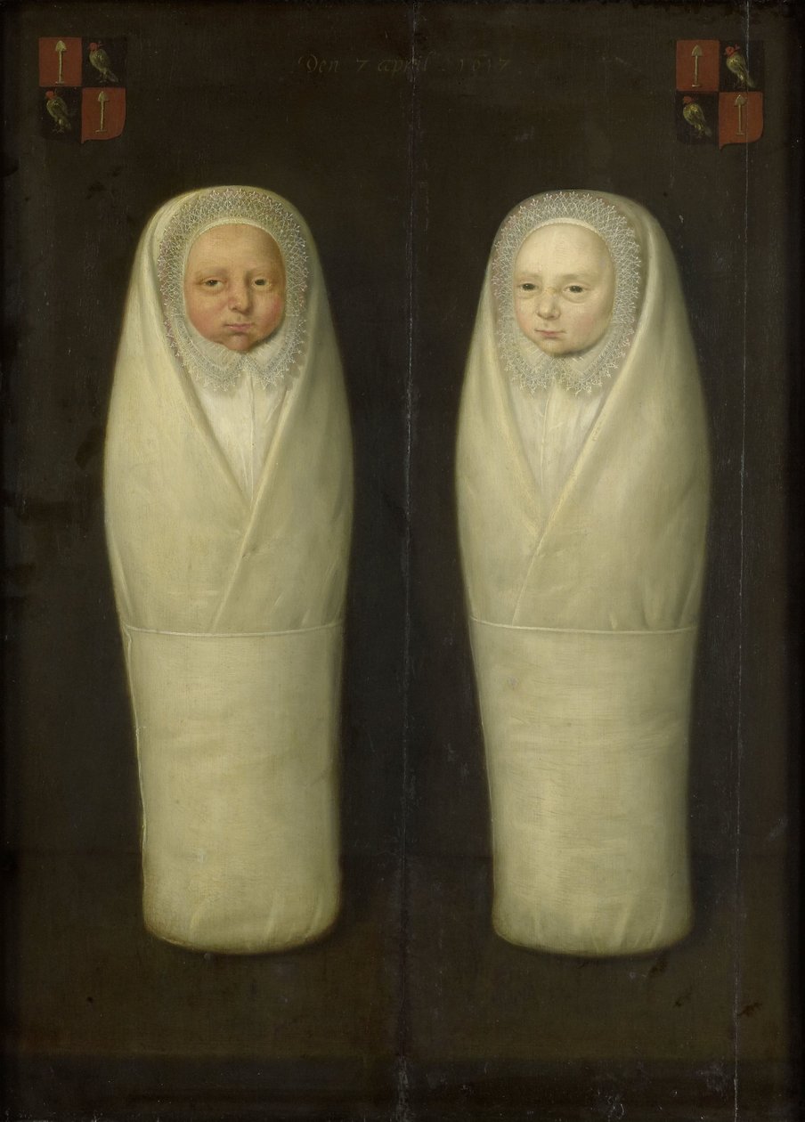 Porträtt av swaddled Twins: The Early-Deceased Children of Jacob de Graeff och Aeltge Boelens, ca 1617 av Dutch School