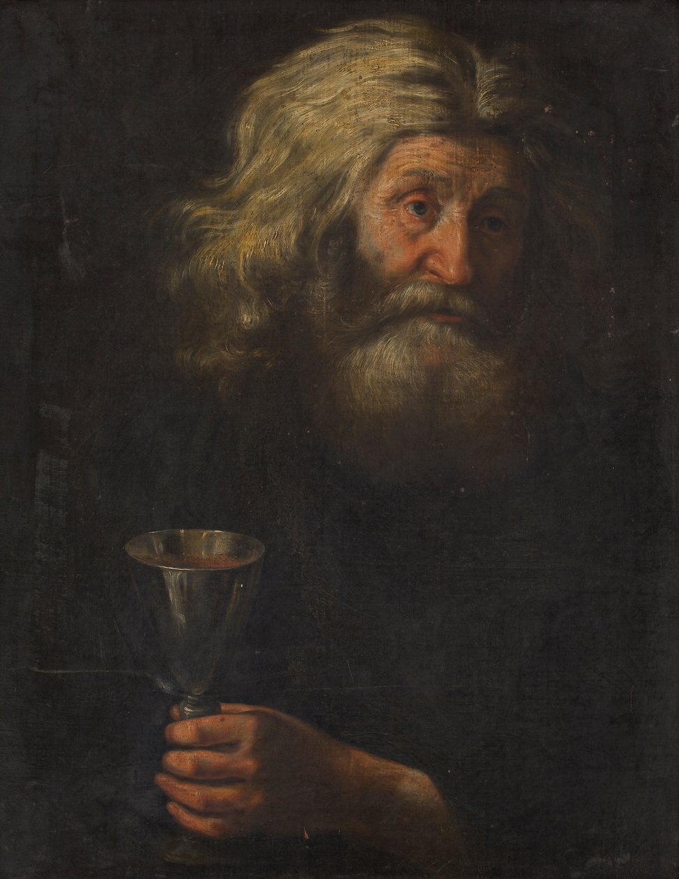 Porträtt av en man som håller en silverkopp (olja på duk) av Dutch School