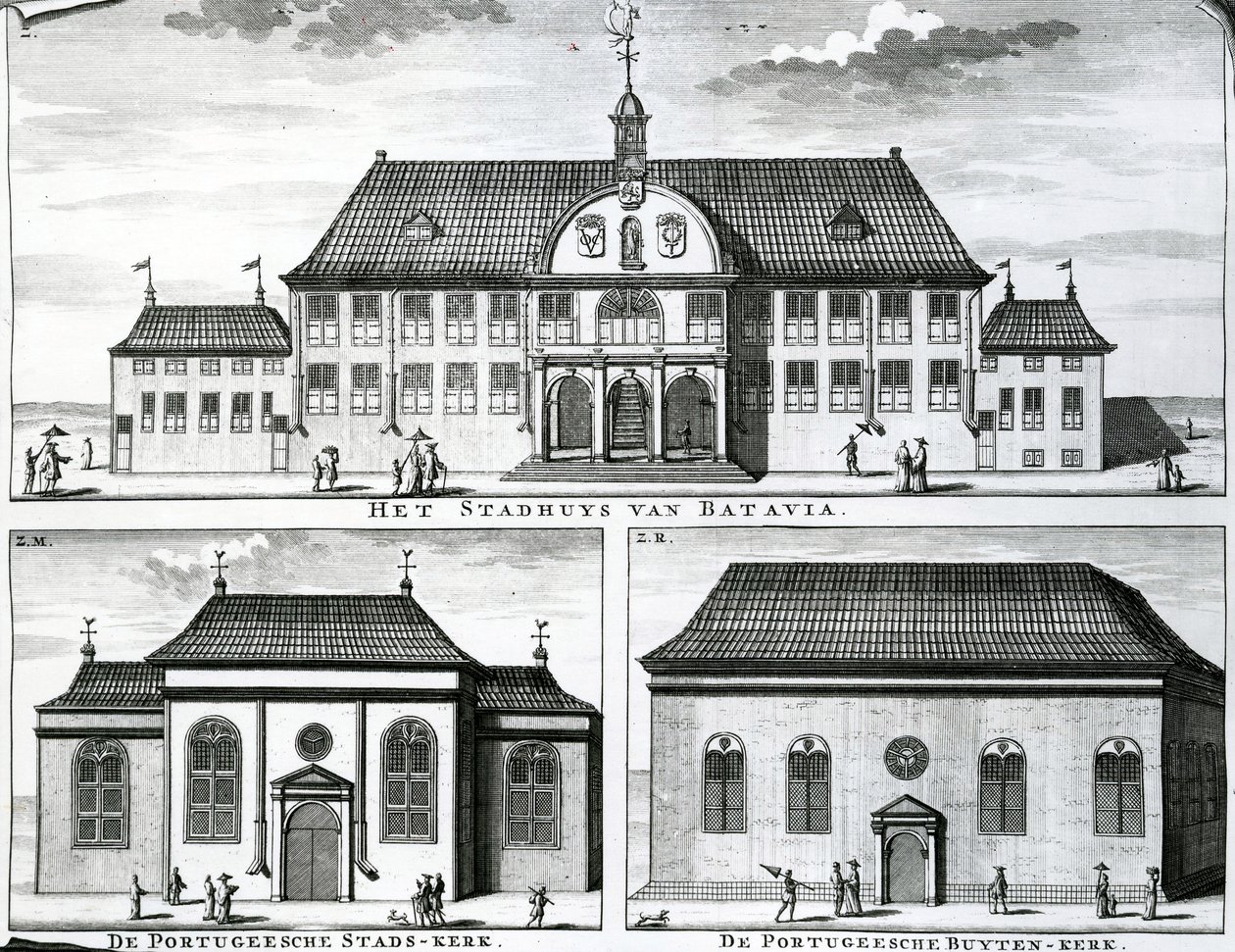 Portugisiska kyrkan och rådhuset i Batavia, 1800-talet, av Dutch School