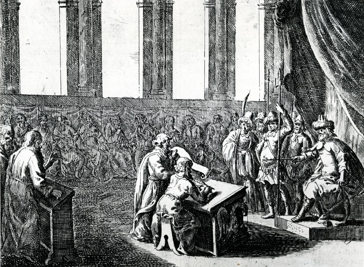 Ptolemaios Philadelphus, kung av Egypten, kallar 72 män från Judeen för att översätta judisk lag till grekiska, ca 1700 av Dutch School