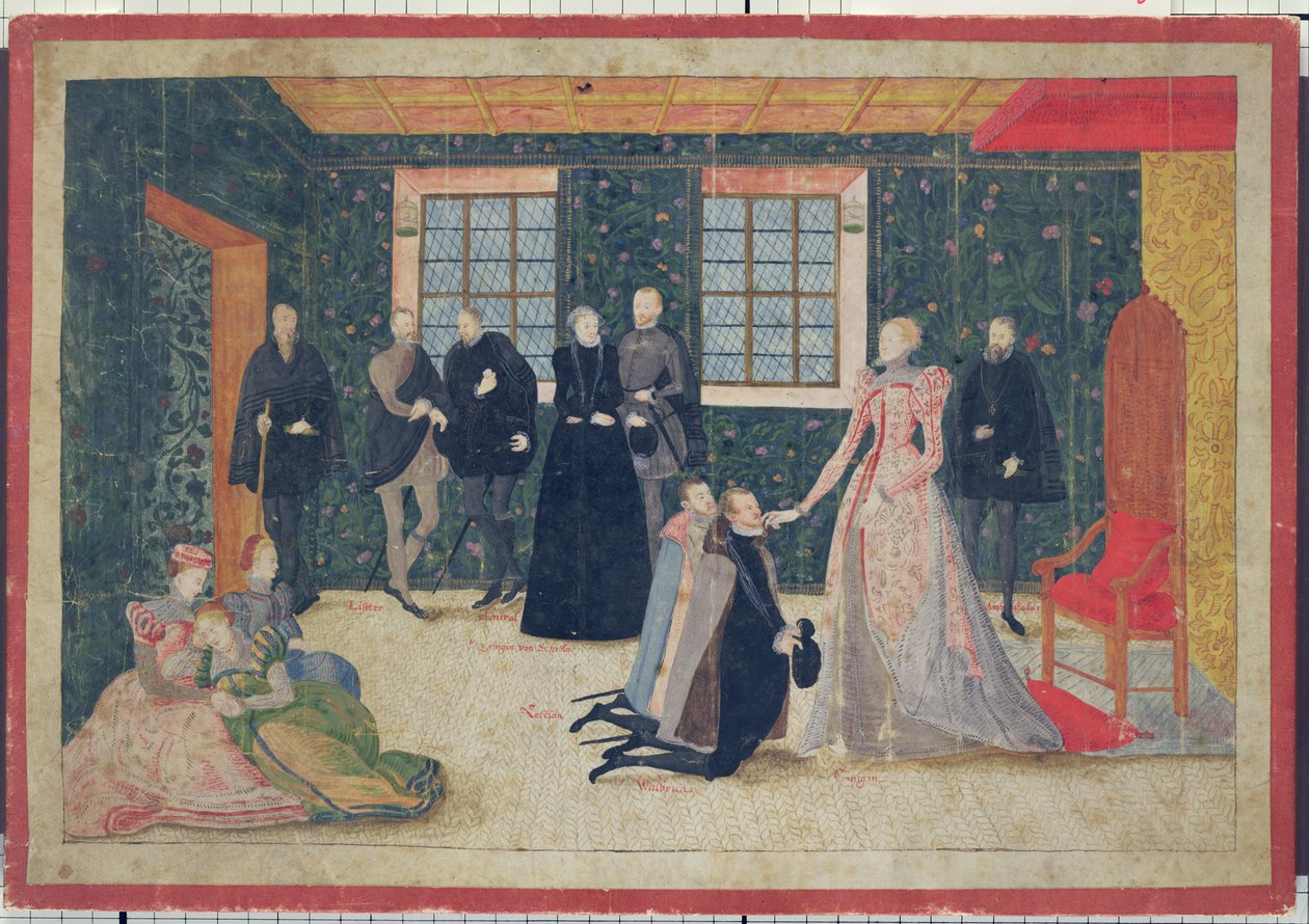 Drottning Elizabeth tar emot holländska ambassadörer (gouache på kort) av Dutch School