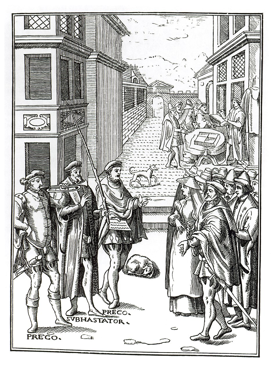 Försäljning av Town Crier, efter ett träsnitt i Praxis Rerum Civilium av Joos de Damhouder (1507-81) publicerad Antwerpen, 1557 av Dutch School