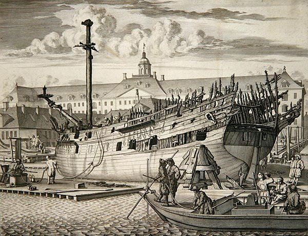 Fartyg som fattade eld framför det holländska ostindiska kompaniets marina arsenal av Dutch School