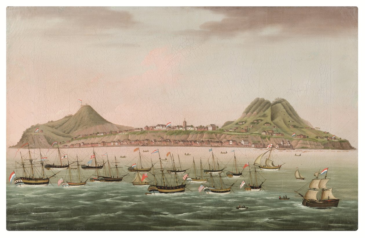 Sint Eustatius på Nederländska Antillerna, med västindiefarare samlade på vägen utanför Oranjestad (olja på duk) av Dutch School