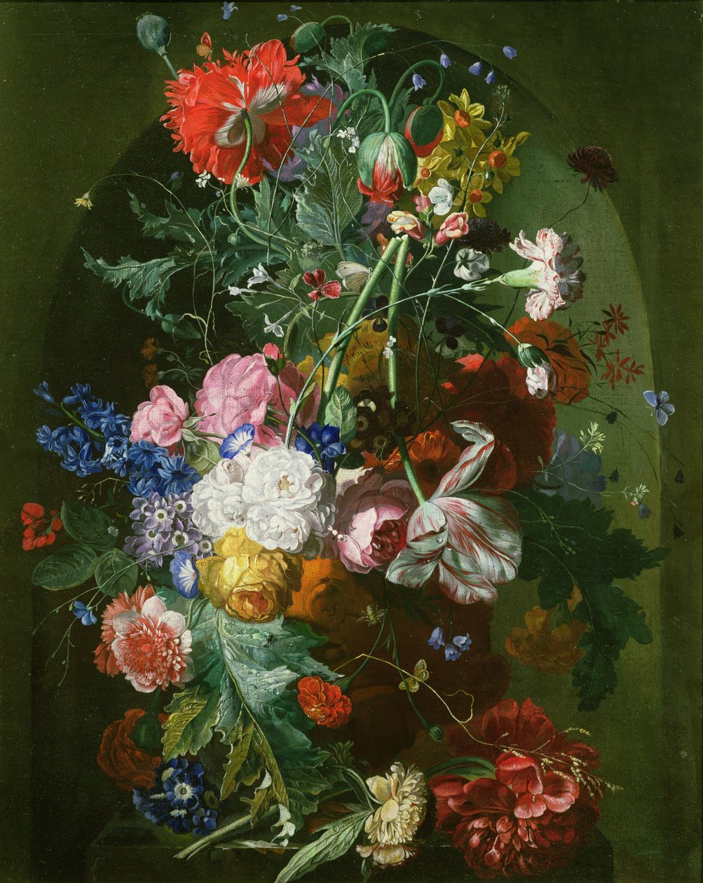 Stilleben av blommor i en terrakottavas i en nisch av Dutch School
