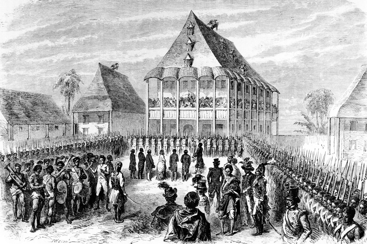 The Arrival of Madame Pfeiffer (Ida Pfeiffer) av drottning Ranavaio, 1846-1848 av Dutch School
