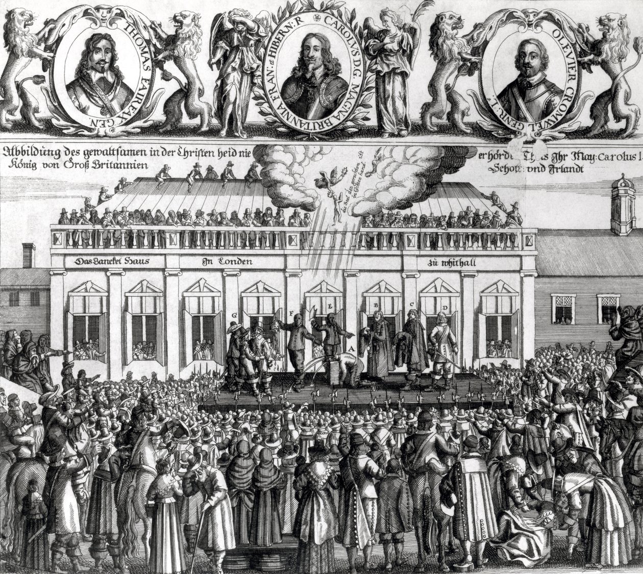 Halshuggningen av kung Karl I (1600-49) 1649 (gravyr) (bw foto) av Dutch School