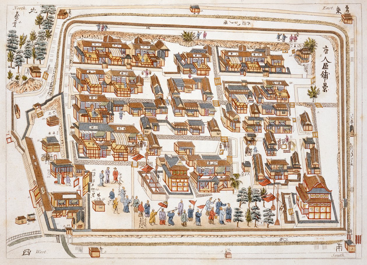 The Chinese Factory in the Street of Teng-chan i Nangasaki, grundad 1688, från Illustrations of Japan av Isaac Titsingh (ca 1740-1812), publicerad i London, 1822 av Dutch School