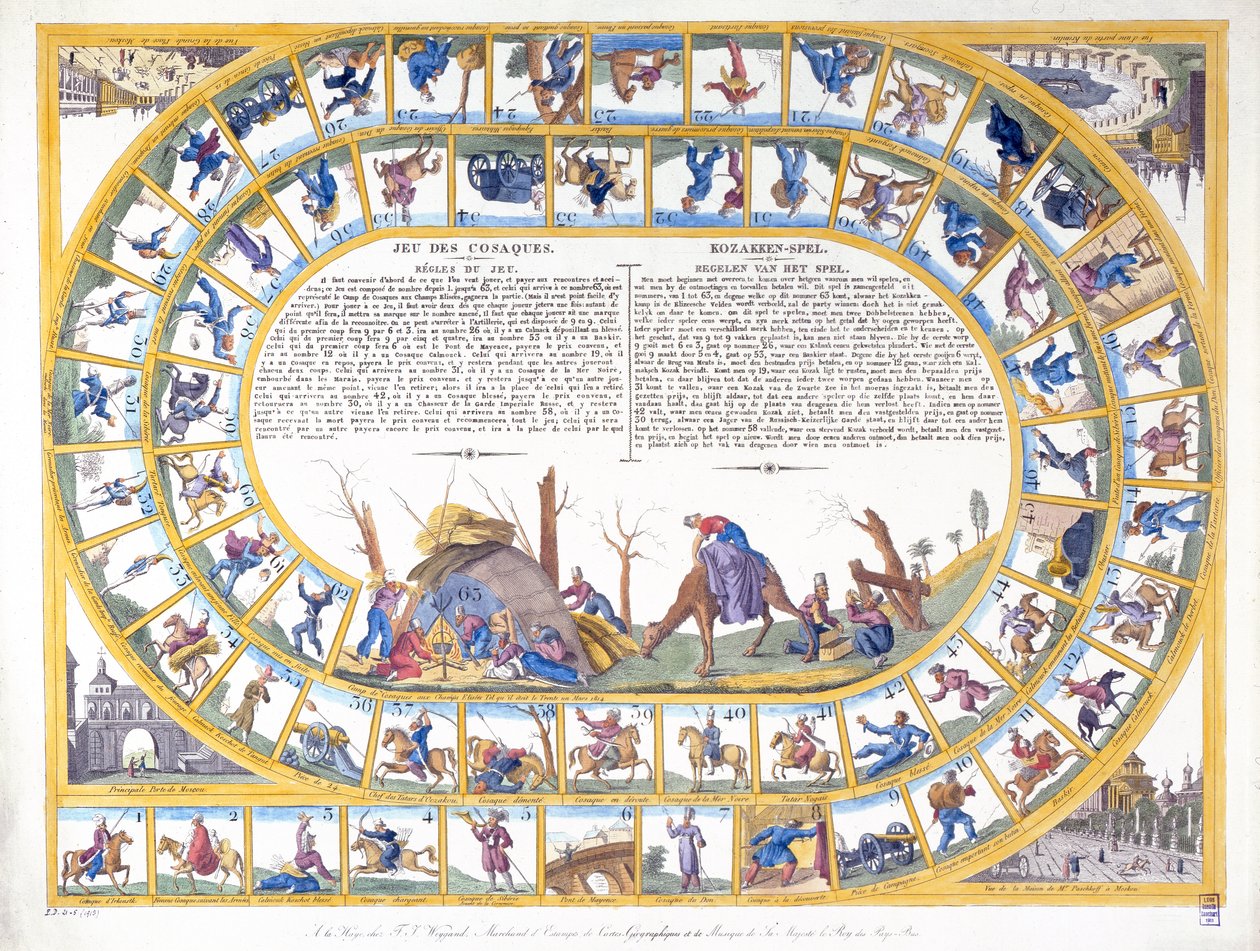 Kosackspelet med illustrationer av olika typer av ryska soldater, ca 1815-16 av Dutch School
