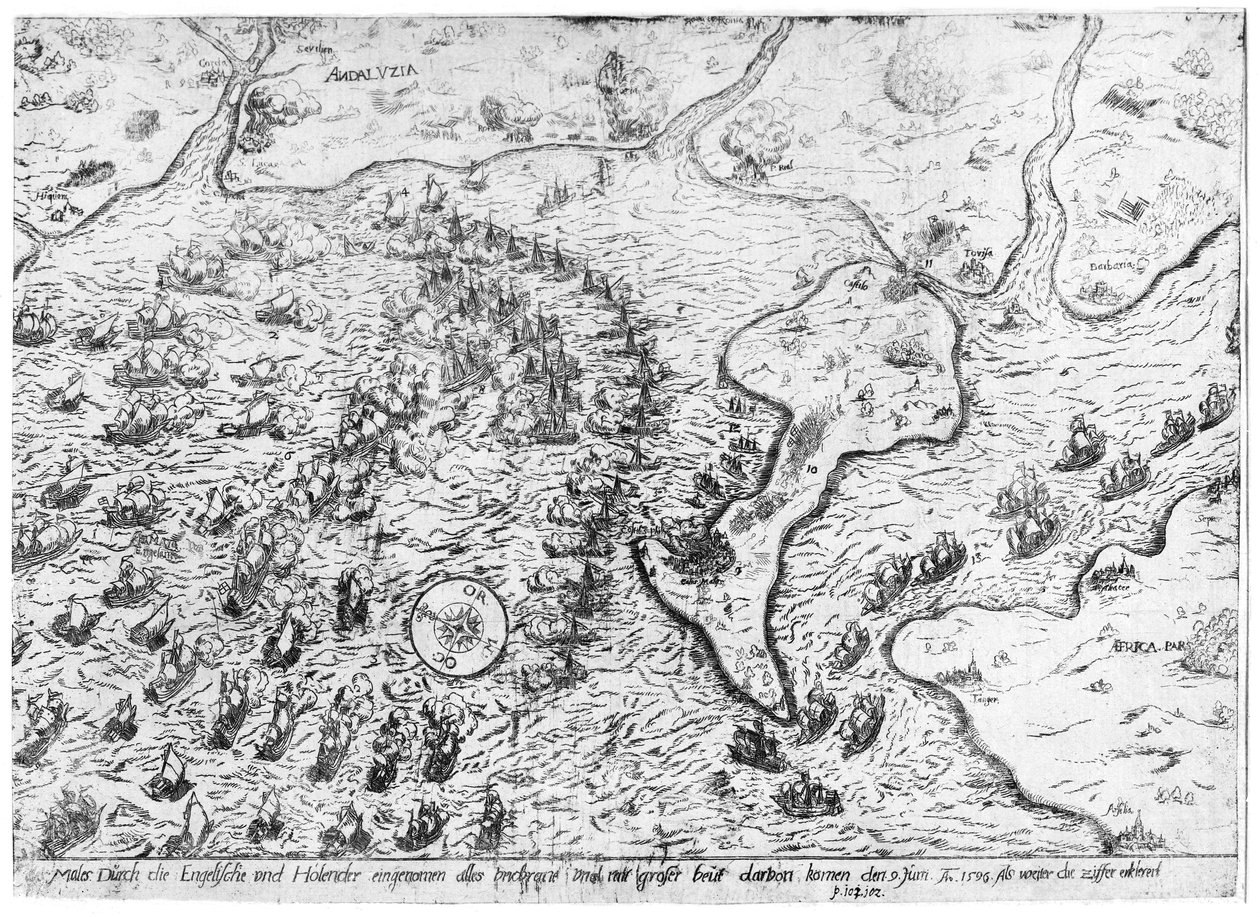 Den engelska och holländska styrkan mötte den spanska flottan i hamnen i Cadiz 1596 av Dutch School