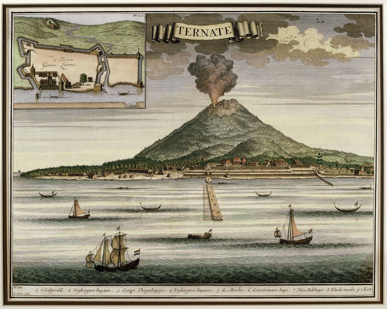 Ön Ternate, Moluckerna, Indonesien, illustration från Oud Nieuw Oost-Indien, 1724-26 av Dutch School