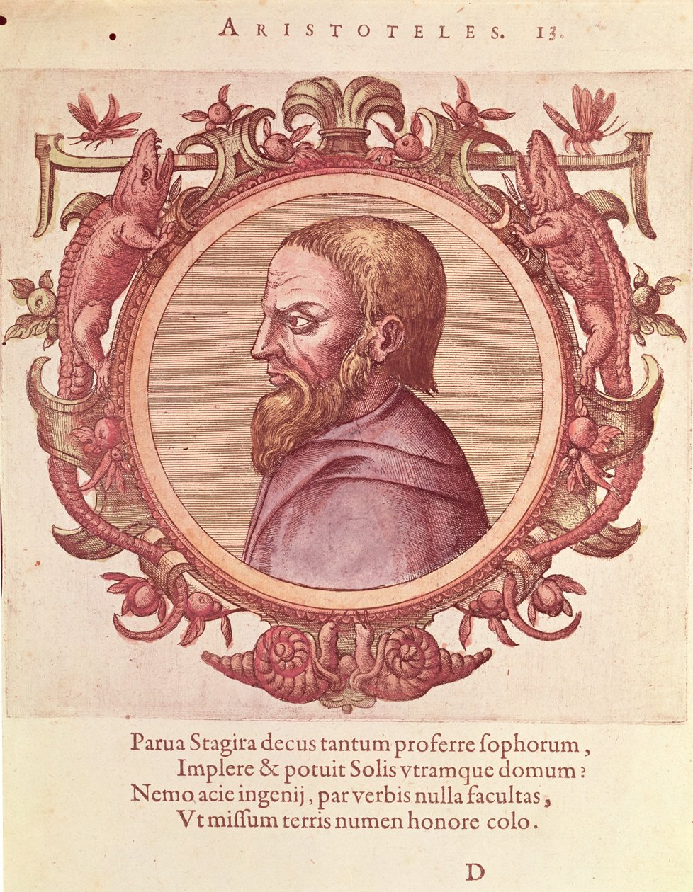 Filosofen Aristoteles (384-322 f.Kr.), illustration från forntida och nyare fysik och filosofers ikoner av Johannes Sambucus (1531-1584), publicerad av Plantin i Antwerpen 1574 (färggravyr av Dutch School